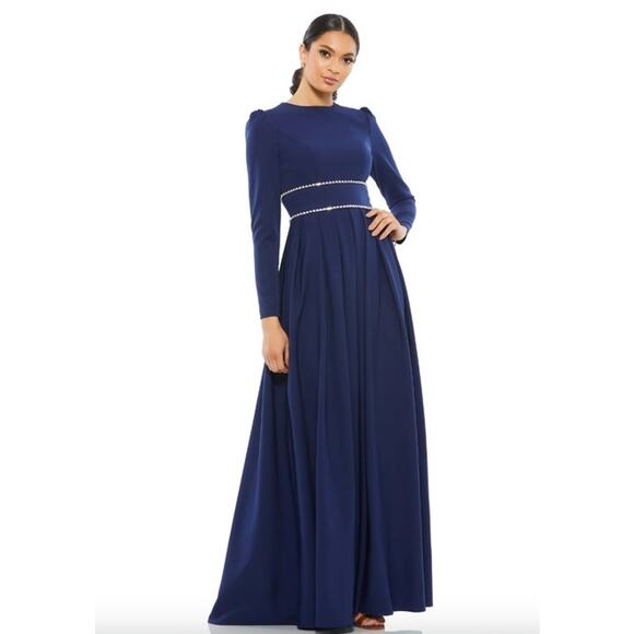 MAC DUGGAL Dress Size 12 Evening Gown Navy Blue Rhinestone Gem NEW Puff Shoulder - Picture 1 of 7
